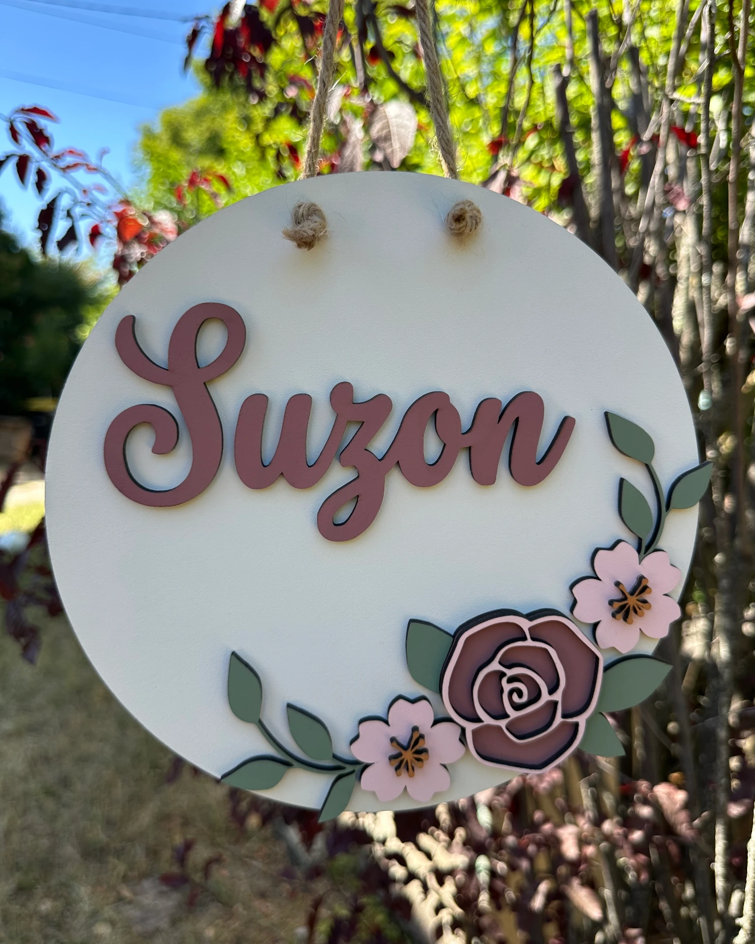 Plaque prénom — Vieux Rose (Roses & fleurs de cerisier) (Ø : 20 cm)